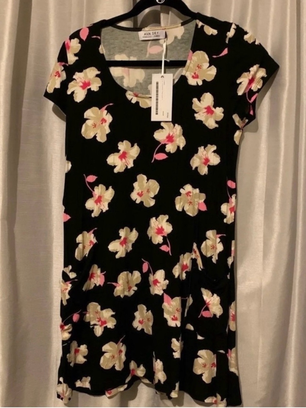 Ava Sky Black Floral Mini Dress with Cream & Pink Blossoms